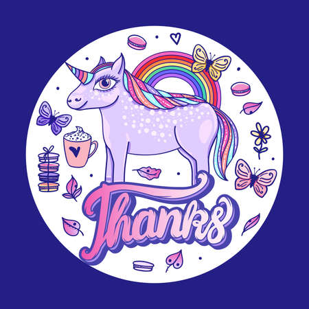 Round sticker with a unicorn and a rainbow and the inscription Thanks. Hand drawing cute design. Vector illustrationのイラスト素材