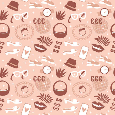 Modern life style trend fashion seamless pattern. Vector illustration shoes, sneakers, bag and accessories. Surface design girl blogger shopping in storeのイラスト素材