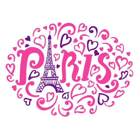 Eiffel tower with Paris lettering, hearts, hand drawn curl sketch. Pink and purple color . Girly fashion design illustration isolated on white backgroundのイラスト素材