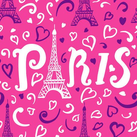 Seamless pattern. Illustration white and purple ink Eiffel Tower. Decorations isolated on bright pink background. Handwritten inscription Paris. Vector surface girly fashion designのイラスト素材