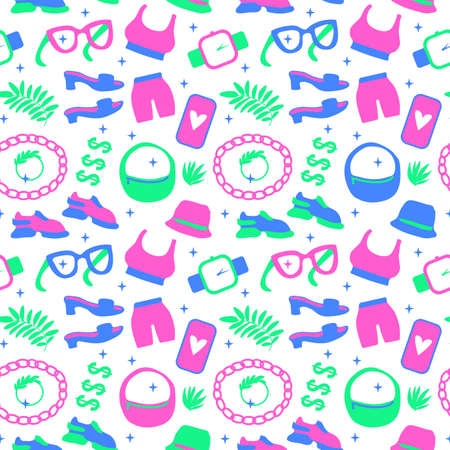 Sport Life style shoes and accessories seamless pattern. Vector illustration shoes, sneakers, bag and accessories. Surface bright design fitness blogger shopping trend fashion in storeのイラスト素材