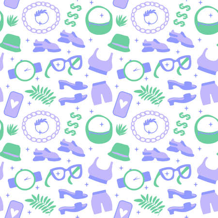 Seamless pattern Life style shoes and accessories. Vector illustration shoes, sneakers, bag and accessories isolated on white background. Surface design girl blogger shopping sport trend fashionのイラスト素材