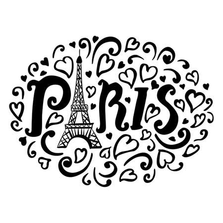 Paris card with letters, hearts, eiffel tower hand drawn illustration isolated on white background. Doodle sketch black printのイラスト素材