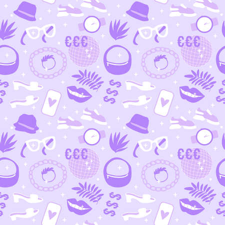 Life style shoes and accessories seamless pattern. Vector illustration shoes, sneakers, bag and accessories. Surface design girl blogger shopping trend fashion in store. Purple colorのイラスト素材