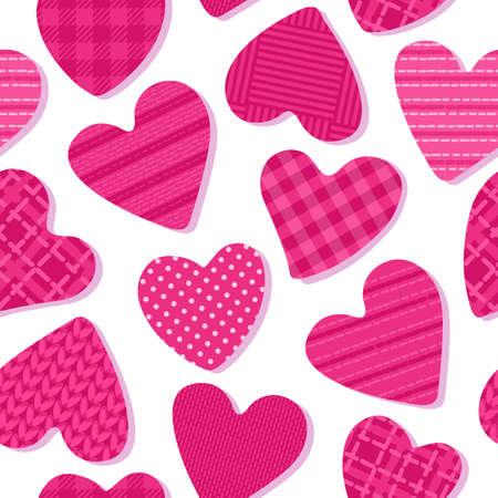 Hearts with the texture of cells, polka dots, fabrics. Seamless Pattern Girly Abstract Surface Design. Pink colored shapes isolated on white backgroundのイラスト素材