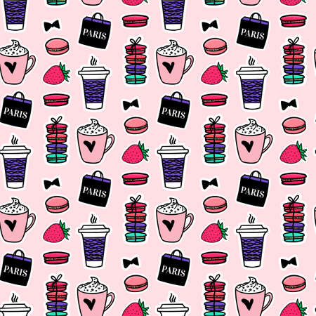 Seamless pattern Paris coffee and macaroons. French style. Surface design. Vector sketch illustration stickers on black backgroundのイラスト素材