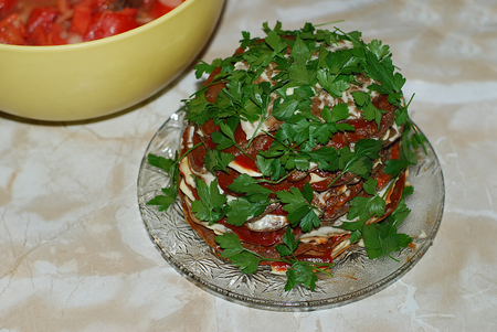 The liver cake and parsley on plateの写真素材