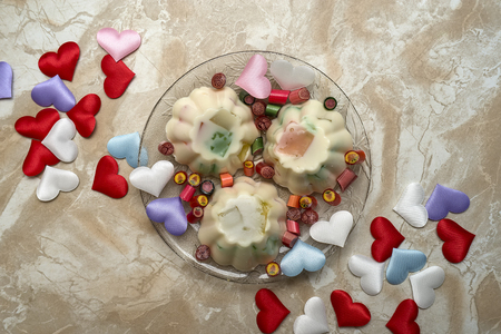 valentine jelly dessert candy hearts on plateの写真素材