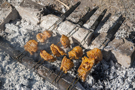 Grilled meat a coals and a logsの写真素材
