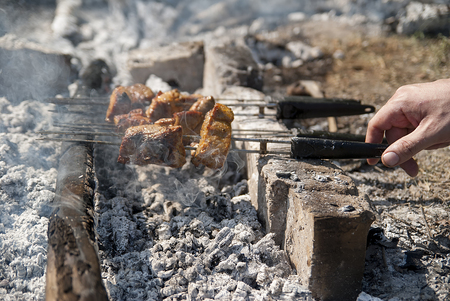 Grilled meat a coals and a logsの写真素材