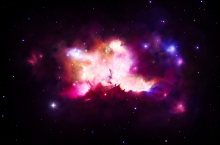 Digitally painted illustration of a colorful nebula in space with starsの写真素材