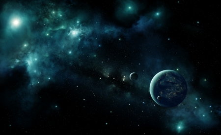 Illustration of an inhabited alien planet in space with a blue nebula and stars