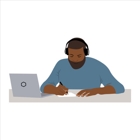 young black guy learning works online vector image on white backgroundのイラスト素材