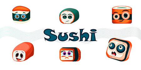 Funny sushi characters. Funny sushi with cute faces. Sushi roll and sashimi set. Sushi with different emotions. Sushi roll is a fun set. Asian food, vector illustration isolated on white backgroundのイラスト素材