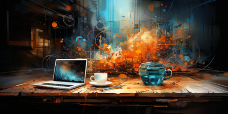 Table with a computer on the table. Abstract illustration of the development of drawings.の素材