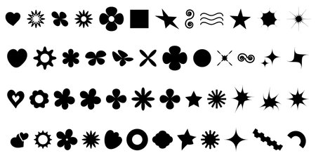 Black flowers and figures of icons. Floral organic shape, cloud star and other elements in a fashionable, playful, brutal style. Vector illustrations isolated on a white backgroundのイラスト素材