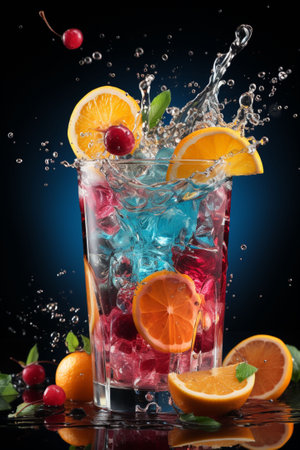 colorful cocktail with ice, fruit, splashes on a dark backgroundの素材