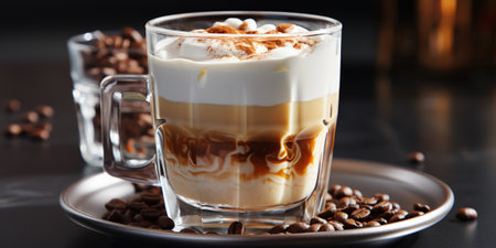 coffee in a transparent glass, a cup with milk foamの素材