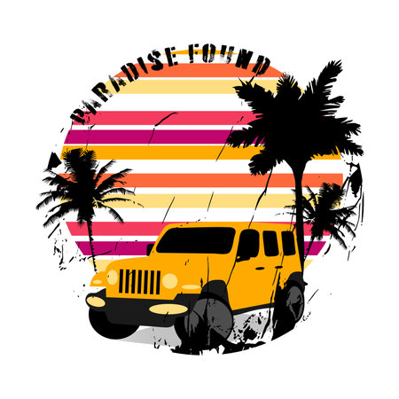 Car at sunset with silhouettes of palm trees. Themed vector illustration on summer vacation or summer party theme for flyer, poster or t-shirt design.のイラスト素材