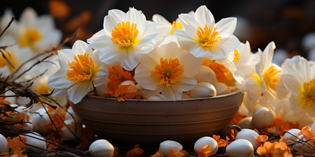 Easter holiday celebration banner greeting card banner - White yellow easter eggs in a bird nest basket and yellow daffodils flowersの素材