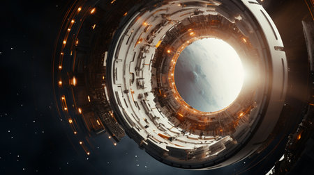 A white and orange spherical spacecraft cruises through the interstellar space, featuring a beautiful composition and cinematic aestheticsの素材