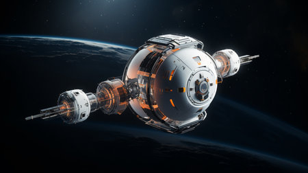 A white and orange spherical spacecraft cruises through the interstellar space, featuring a beautiful composition and cinematic aestheticsの素材