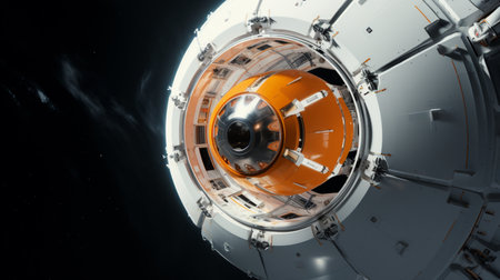 A white and orange spherical spacecraft cruises through the interstellar space, featuring a beautiful composition and cinematic aestheticsの素材