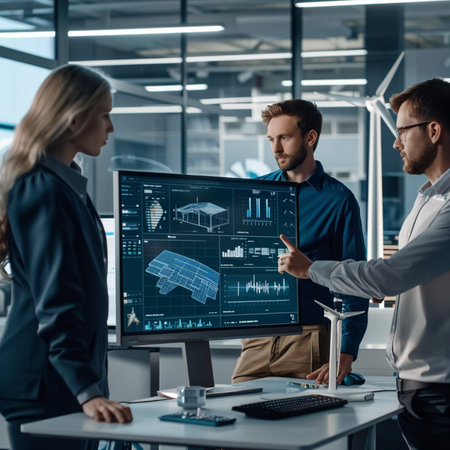 Professional team looking at a large monitor on a table, office environment, one person pointing at the screen, on the screen - solar energy project, on the table - a small model of a wind turbine,の素材