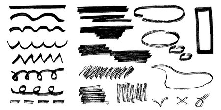 Elements for note-taking, highlighting, and underlining in Hand drawn-style text.のイラスト素材