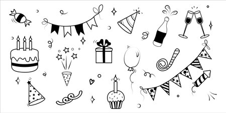 Birthday icon element. Hand drawn birthday doodles, event design element. Vector illustration.のイラスト素材