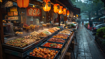 Street food at its best Juicy burgers and crispy fries Outdoor market with hustle and bustle Close-ups, mouth-watering food, lively atmosphereの素材