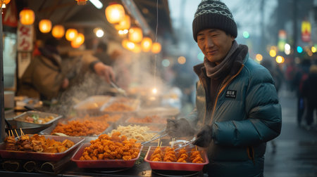 Street food at its best Juicy burgers and crispy fries Outdoor market with hustle and bustle Close-ups, mouth-watering food, lively atmosphereの素材