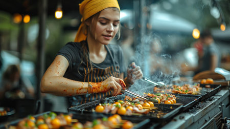 Street food at its best Juicy burgers and crispy fries Outdoor market with hustle and bustle Close-ups, mouth-watering food, lively atmosphereの素材