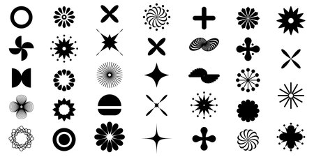 Set of geometric abstract floral shapes, set of vector icons as flowers, stylish retro brutal minimalist art. Simple collection of Memphis y2k elements, flat bauhaus template with floral mesh. Abstract floral shapes.のイラスト素材