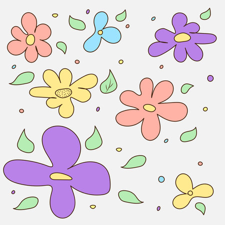 Abstract flowers, top view. Spring flora. Flat vector illustration on white backgroundのイラスト素材