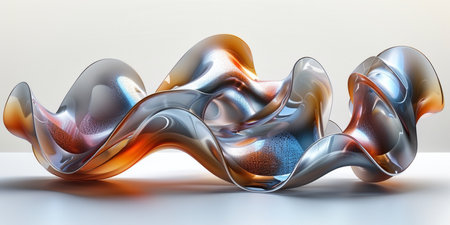 A stunning 3D artwork of a fluid metallic sculpture showing intricate folds and a holographic gradient of copper, chrome, and iridescent tones. This abstract piece blends modern elegance with dynamic energy, perfect for design projects, art collections, and creative visualsの素材