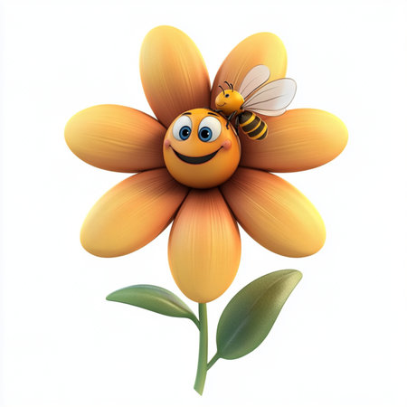 A charming and vibrant 3D cartoon-style flower with a smiling face, accompanied by a happy little bee. This AI-generated illustration bright features colors and a playful design, perfect for children's themes, branding, greeting cards, and cheerful decorations. Isolated on a white background for easy useの写真素材