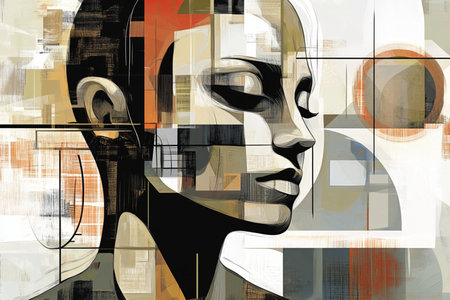 A vibrant and futuristic abstract portrait featuring a stylized female face combined with geometric shapes and digital textures. The artwork showcases a unique blend of pop-art and cyberpunk aesthetics, emphasizing modern AI-generated creativity. Perfect for contemporary design projects, editorial illustrations, and conceptual artworkの写真素材