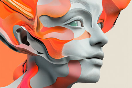 A vibrant and futuristic abstract portrait featuring a stylized female face combined with geometric shapes and digital textures. The artwork showcases a unique blend of pop-art and cyberpunk aesthetics, emphasizing modern AI-generated creativity. Perfect for contemporary design projects, editorial illustrations, and conceptual artworkの写真素材