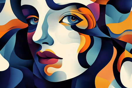 A vibrant and futuristic abstract portrait featuring a stylized female face combined with geometric shapes and digital textures. The artwork showcases a unique blend of pop-art and cyberpunk aesthetics, emphasizing modern AI-generated creativity. Perfect for contemporary design projects, editorial illustrations, and conceptual artworkの写真素材