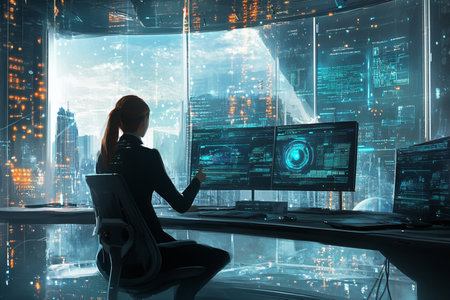 A professional businesswoman in a dark suit interacts with a futuristic digital interface, touching holographic data on a high-tech screen. The image conveys technology, innovation, artificial intelligence, and future business concepts. Created with AIの写真素材