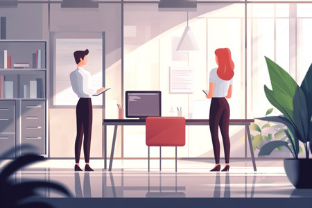 A professional businesswoman sits at a modern office desk, analyzing financial data and analytics on a computer screen. The workspace is illuminated by large windows with a city skyline in the background. This digital illustration, created using artificial intelligence, represents corporate success, technology, and business innovation. Ideal for themes related to finance, investment, remote work, and professional career developmentの写真素材