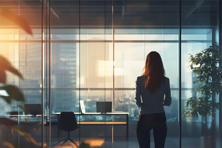 A professional businesswoman working at her modern office desk, focused on a computer screen, representing leadership, productivity, and corporate success. The contemporary office environment is filled with natural light, plants, and stylish decor, creating a professional yet comfortable workspace. AI-generated digital illustrationの写真素材