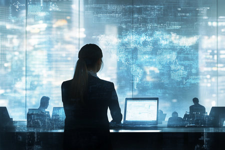 A professional businesswoman in a dark suit interacts with a futuristic digital interface, touching holographic data on a high-tech screen. The image conveys technology, innovation, artificial intelligence, and future business concepts.の写真素材