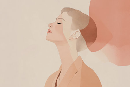 A modern and sophisticated minimalist portrait of a woman with closed eyes, created in an abstract line art style. Featuring soft, warm earthy tones, this digital artwork exudes elegance, serenity, and contemporary beauty. Ideal for art prints, interior decor, and fashion-inspired graphic design. AI-generated illustrationの写真素材