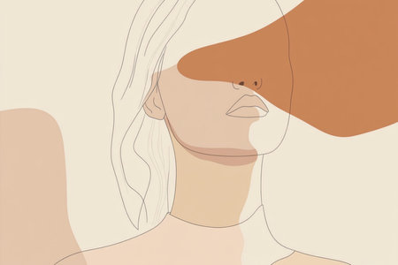 A modern and sophisticated minimalist portrait of a woman with closed eyes, created in an abstract line art style. Featuring soft, warm earthy tones, this digital artwork exudes elegance, serenity, and contemporary beauty. Ideal for art prints, interior decor, and fashion-inspired graphic design. AI-generated illustrationの写真素材