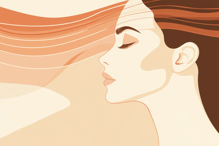 A modern and sophisticated minimalist portrait of a woman with closed eyes, created in an abstract line art style. Featuring soft, warm earthy tones, this digital artwork exudes elegance, serenity, and contemporary beauty. Ideal for art prints, interior decor, and fashion-inspired graphic design. AI-generated illustrationの写真素材