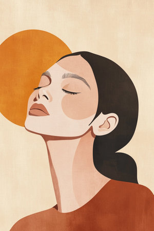 A modern and sophisticated minimalist portrait of a woman with closed eyes, created in an abstract line art style. Featuring soft, warm earthy tones, this digital artwork exudes elegance, serenity, and contemporary beauty. Ideal for art prints, interior decor, and fashion-inspired graphic design. AI-generated illustrationの写真素材