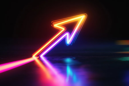 A visually striking neon arrow pointing upwards, symbolizing progress, success, and futuristic innovation. The vibrant colors and glowing light effects create a sense of energy and movement, making it a perfect choice for business, technology, and digital growth concepts. This AI-generated artwork represents direction, leadership, and advancement in a modern worldの写真素材