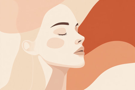 A modern and sophisticated minimalist portrait of a woman with closed eyes, created in an abstract line art style. Featuring soft, warm earthy tones, this digital artwork exudes elegance, serenity, and contemporary beauty. Ideal for art prints, interior decor, and fashion-inspired graphic design. AI-generated illustrationの写真素材